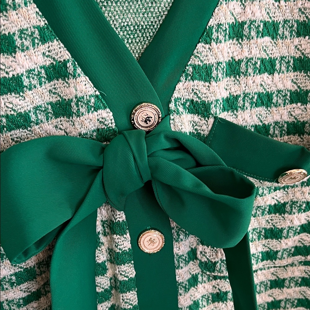 So Me Green and White Tweed Mini Cardigan Dress with Bow - Picture 4 of 8